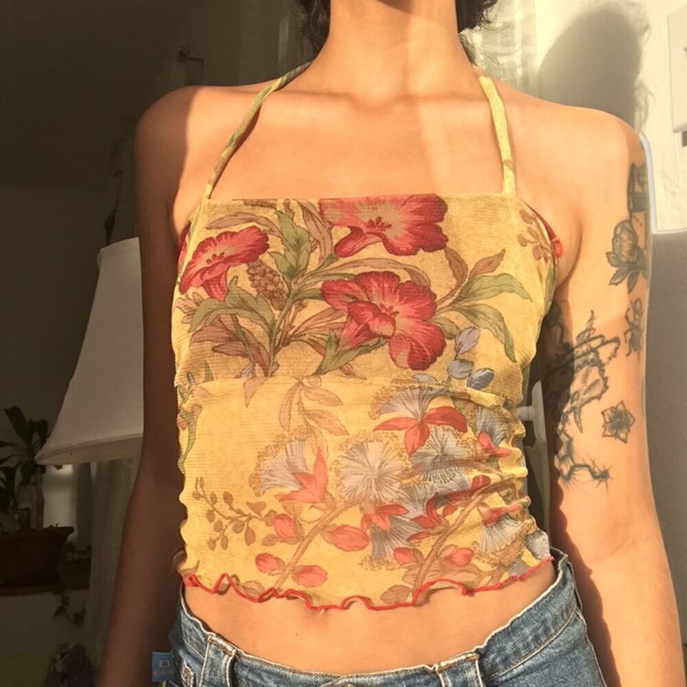 Vintage Floral Crop Top, Print Mesh Halter Sleeveless, Y2K Bohemian Pixie Cami