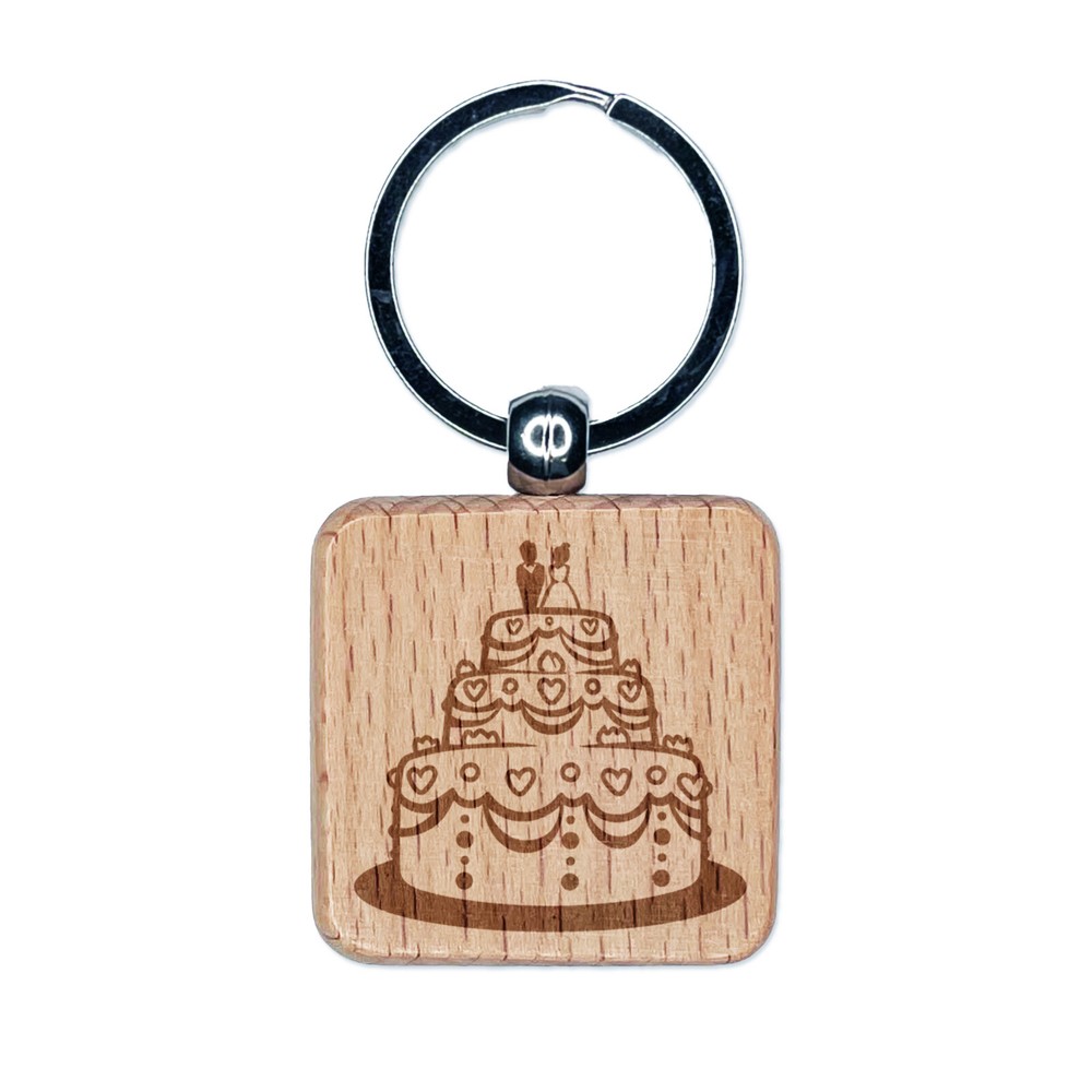 Wedding Cake Engraved Wood Square Keychain Charm for Bride & Groom