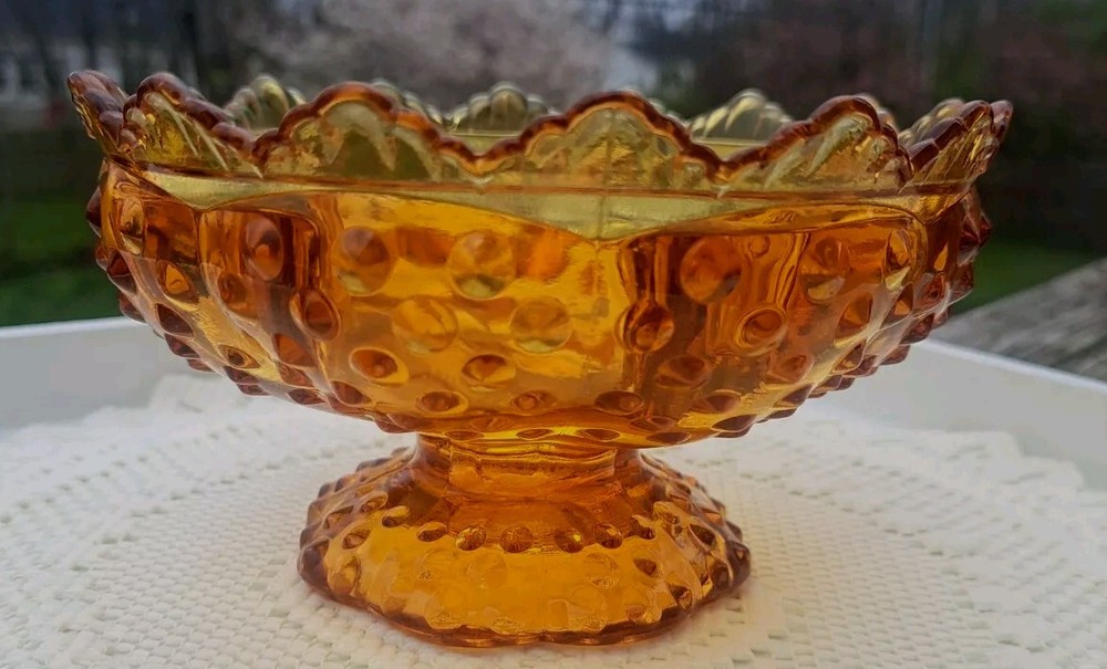 FENTON Amber Hobnail Footed Glass Candle Bowl