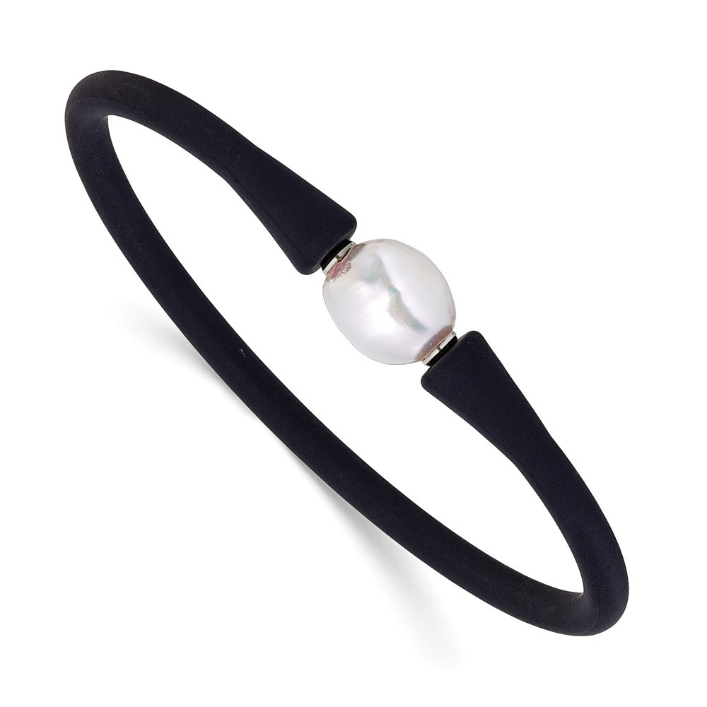 Stainless Steel 9-10mm Freshwater Cultured Pearl on Black Silicone Bracelet 7.5