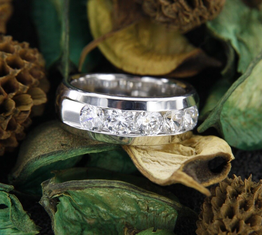 2Ct Round Cut Natural Moissanite Set 14K White Gold Over Men's Wedding Ring Band