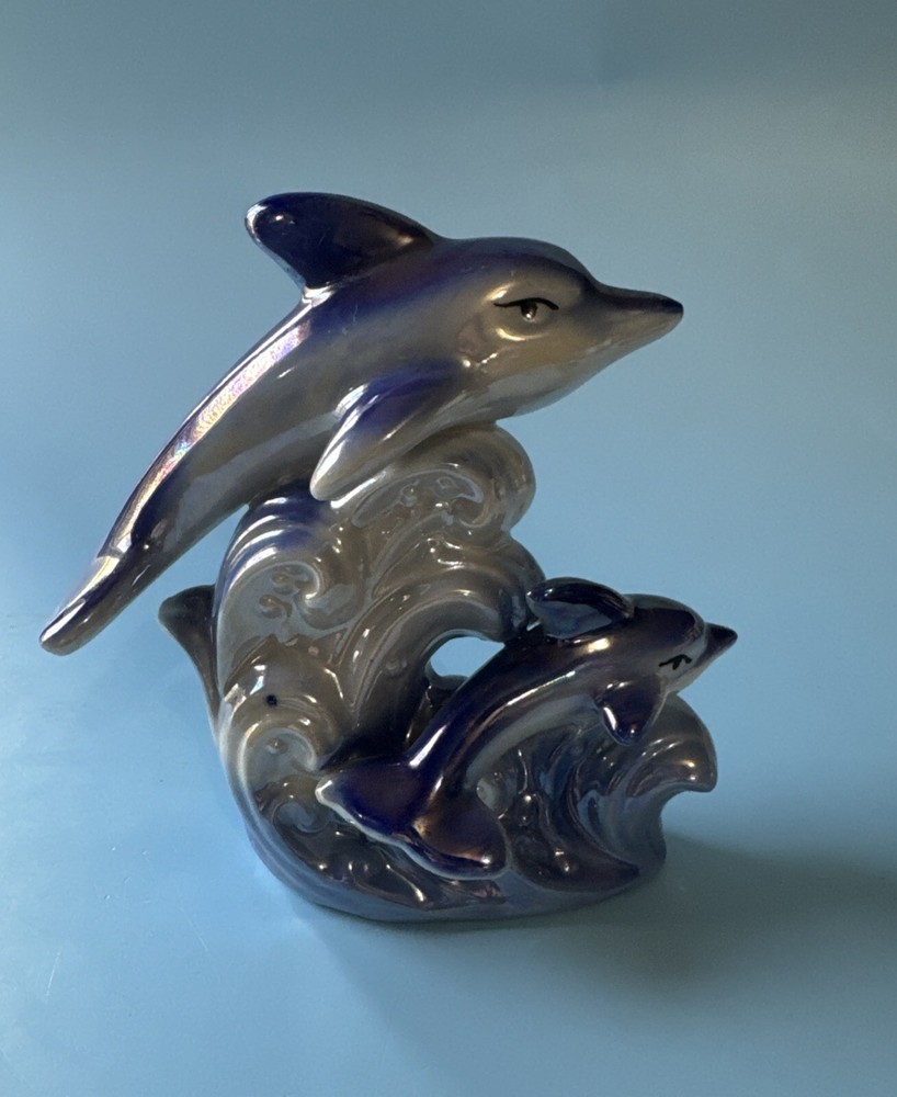 Vintage Ceramic Dolphins Lusterware Figurine Blue Gray Mom & Baby 5 In L 5 In T