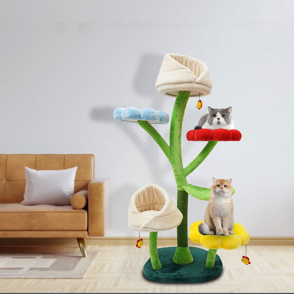 64-Inch Large Cat Tree with Colorful Bed, Tall Indoor Cat Tower for Climbing and Play