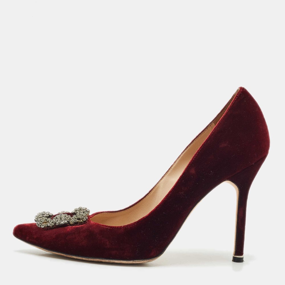 Manolo Blahnik Burgundy Velvet Hangisi Crystal Embellished Pumps Size 41