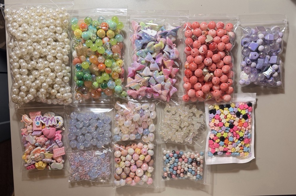 Huge Bead & Charm Lot Mixed Acrylic Resin Pearls Stars Bows Y2K DIY Jewelry