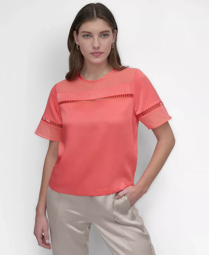 DKNY Women's Top Sz XS Crewneck Ladder-Lace-Inset Short-Sleeve