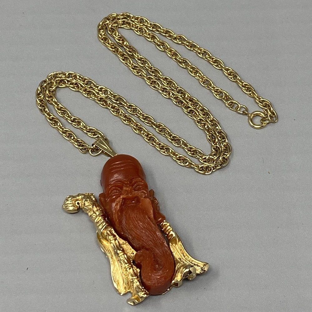 Asian Pendant Necklace Brown Orange Resin Old Man Beard Gold Tone Chain Cane 24