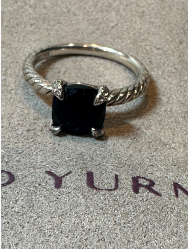 Silver 925 DAVID YURMAN 8MM Chatelaine Ring with  Black Onyx and Diamonds