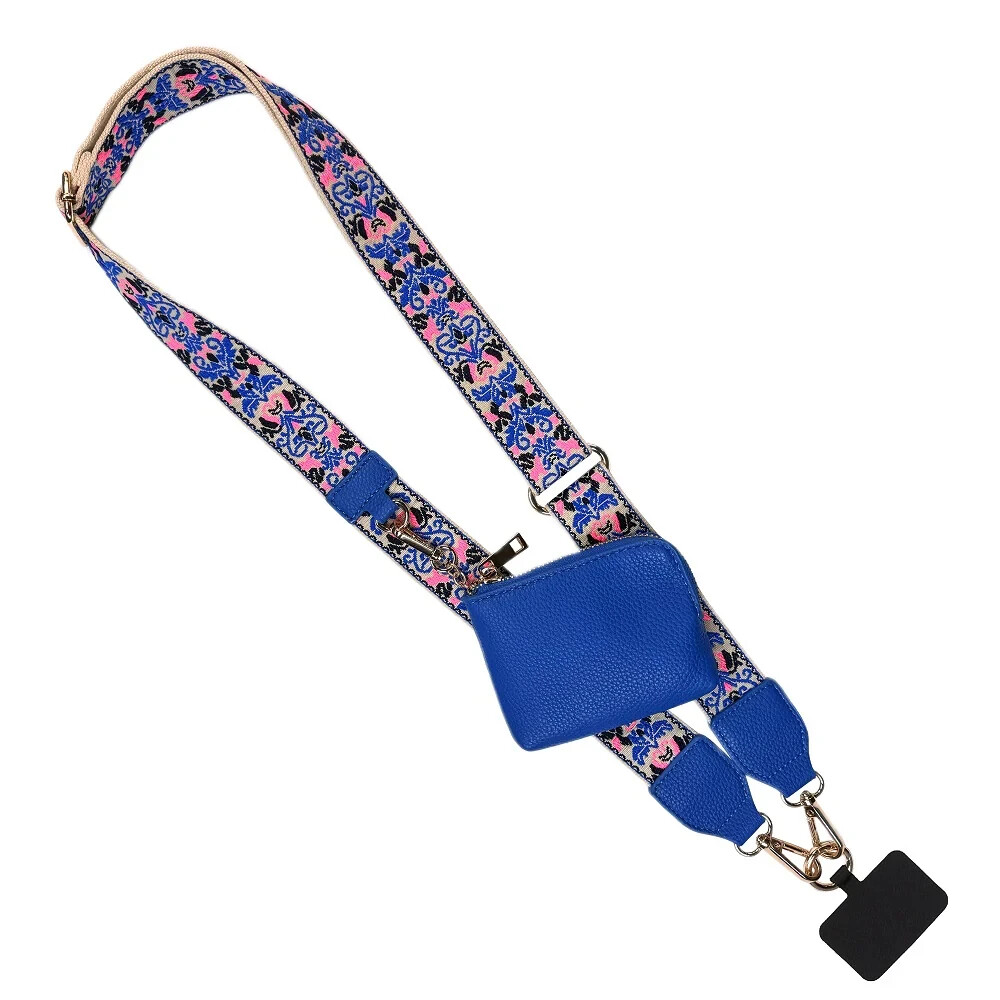 NEW SAVE THE GIRLS RFID BROCADE PINK & BLUE POUCH WITH CELL PHONE STRAP