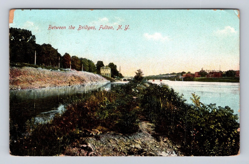 Fulton NY-New York, Between The Bridges, Antique, Vintage Souvenir Postcard