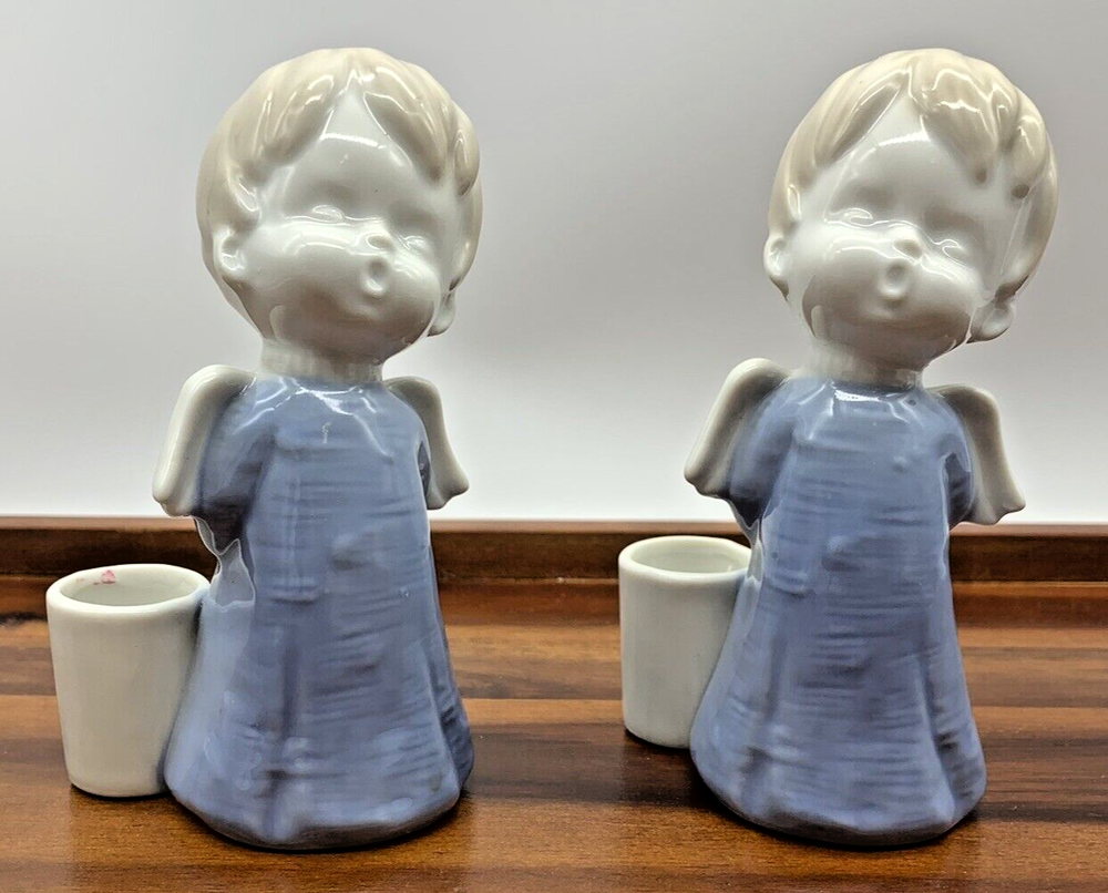 Set of 2 Vintage Blue & White Porcelain Singing Angel Boys Candlestick Holders