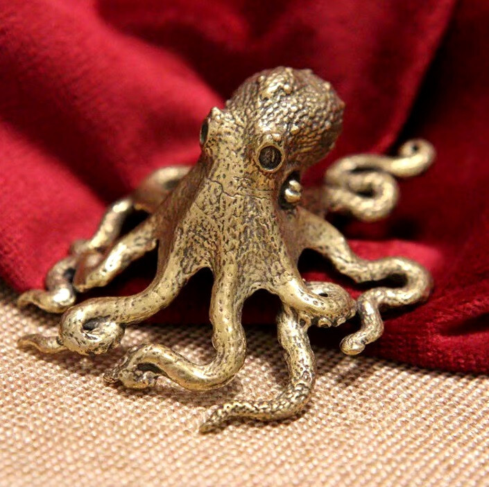 Brass Octopus Statue Small Desk Decor Animal Figurine Gift for Home Office