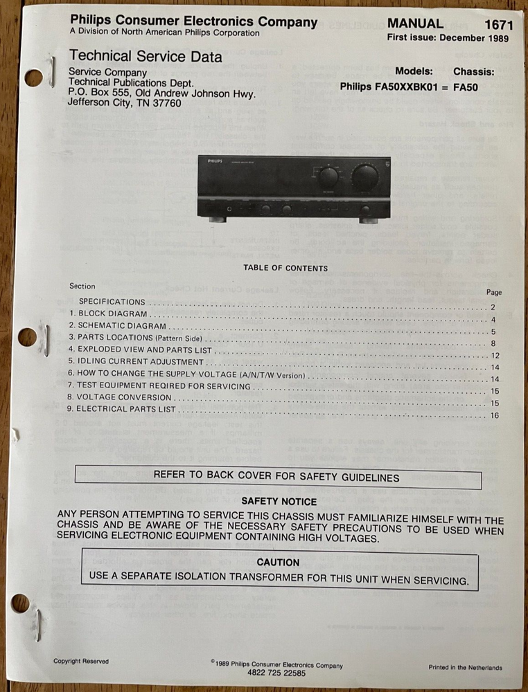PHILIPS 1671 FA50XXBK01 FA50 AMPLIFIERS ORIGINAL REPAIR MANUAL