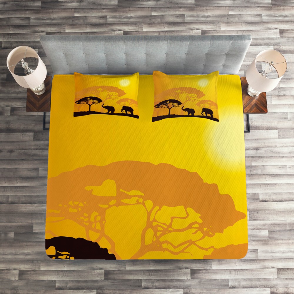 Safari Quilted Coverlet & Pillow Shams Set, Africa Abstract Wildlife Print