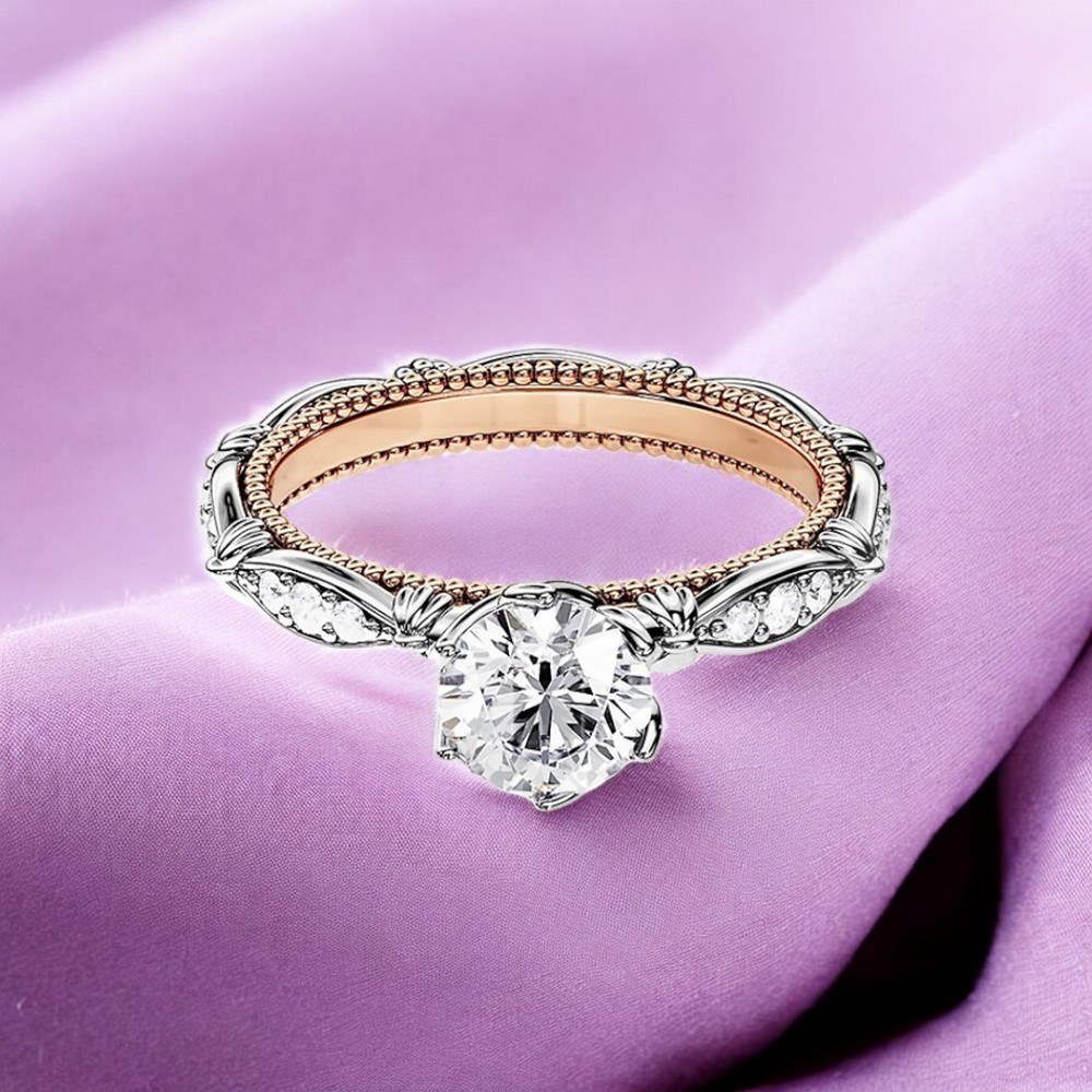 Multi Tone Gold Diamond Ring 1.20 Carat IGI Lab Created Round Cut E F  VVS2 18K