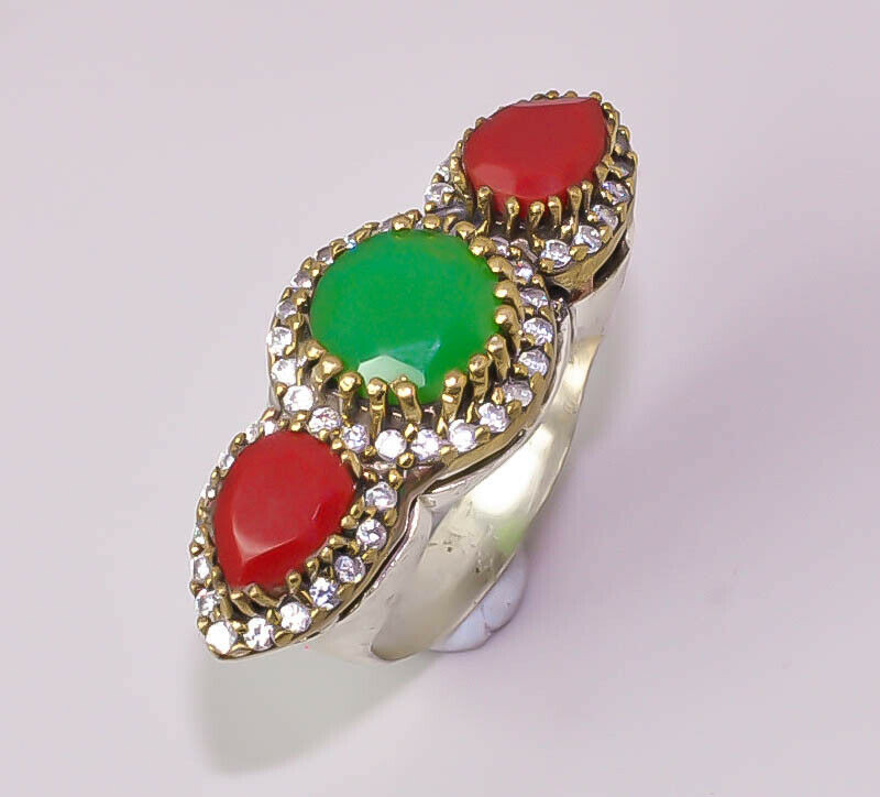 Red Ruby Emerald Faceted Vintage Gold Plated 925 Silver Band Ring Size 8.5