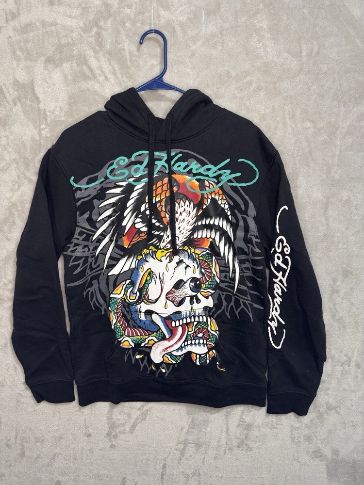 Ed Hardy Hoodie Skull & Eagle Graphic Sweatshirt Adult Small Black