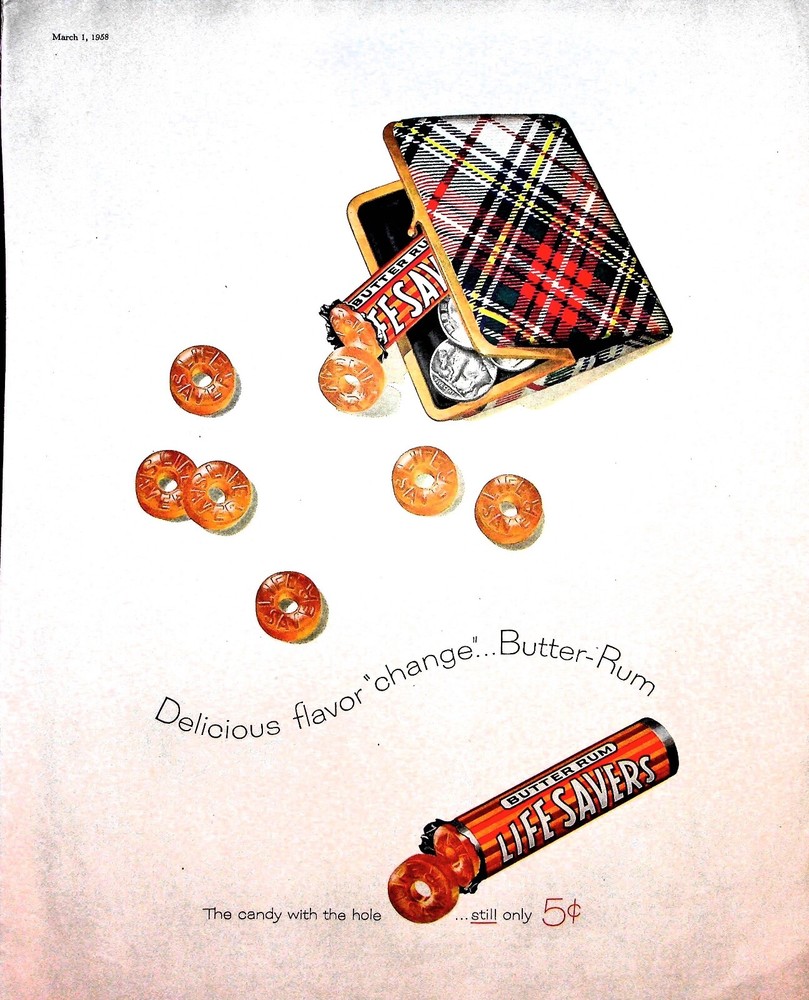 Original 1958 Life Savers Candy Ad: Butter Rum, Changes Flavor, Plaid Wallet