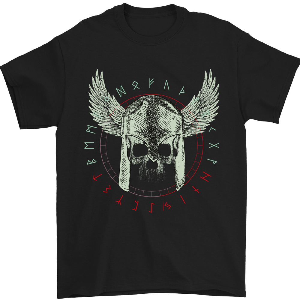 Viking Skull Wings Runic Text Gym Helmet Mens T-Shirt 100% Cotton