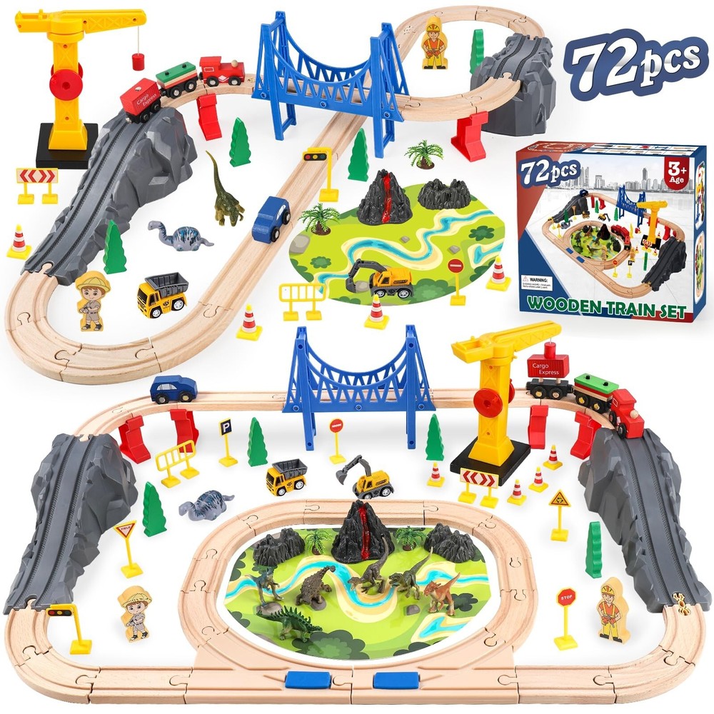 72Pcs Wooden Train Set with Crane for Toddlers & Kids