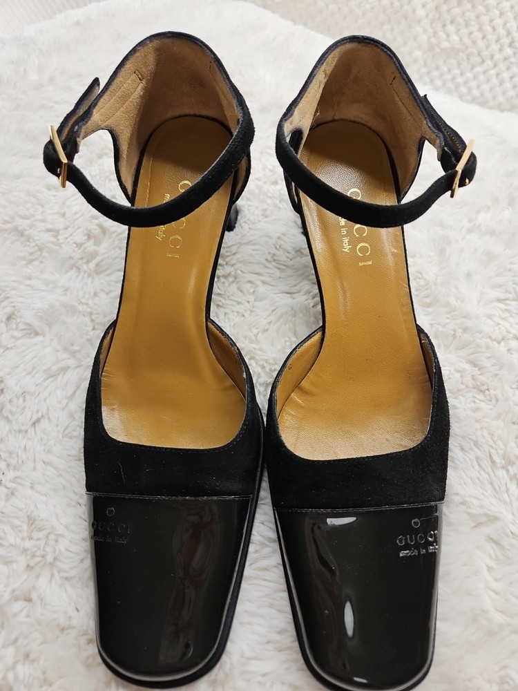 Gucci Black Patent Suede Womens Ankle Strap Square Toe Medium Heel Size 37 Preowned
