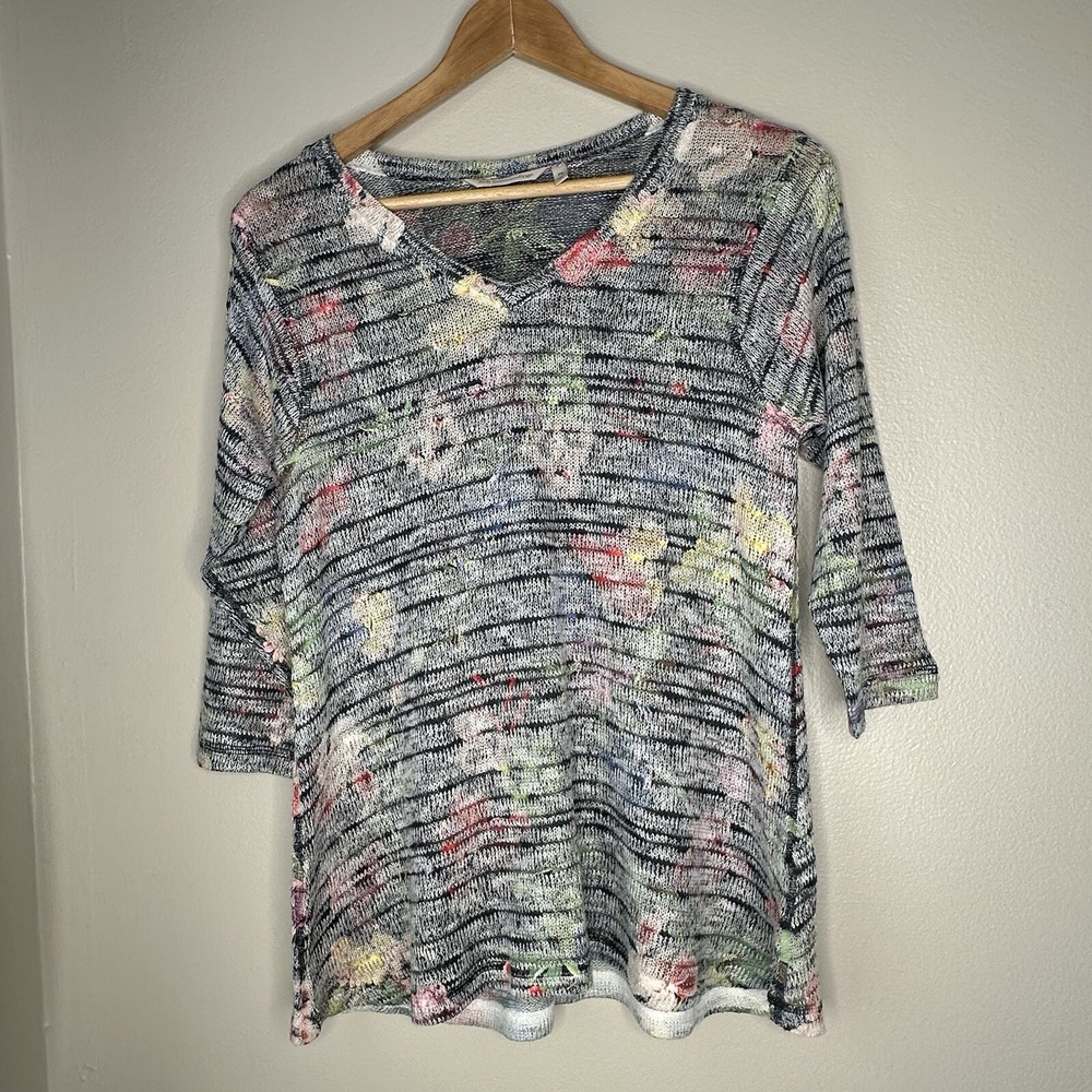 Soft Surroundings Knit Floral Sweater 3/4 Sleeve Lightweight Size Small Petite