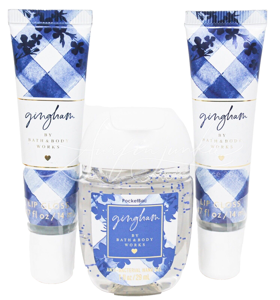 Bath & Body Gingham Lip Gloss + Pocketbac Hand Sanitizer Gel 3pc Mini Travel Set