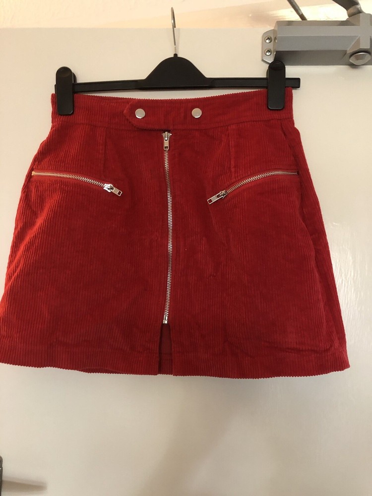 Pretty Little Thing Red Corduroy Zip Mini Skirt Size 10