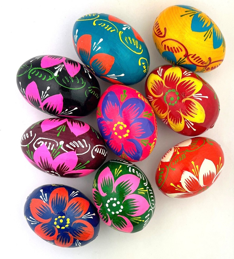 Wooden Hand Painted Ukrainian Pysanky Easter Eggs Pysanki Easter SET OF 9 Floral
