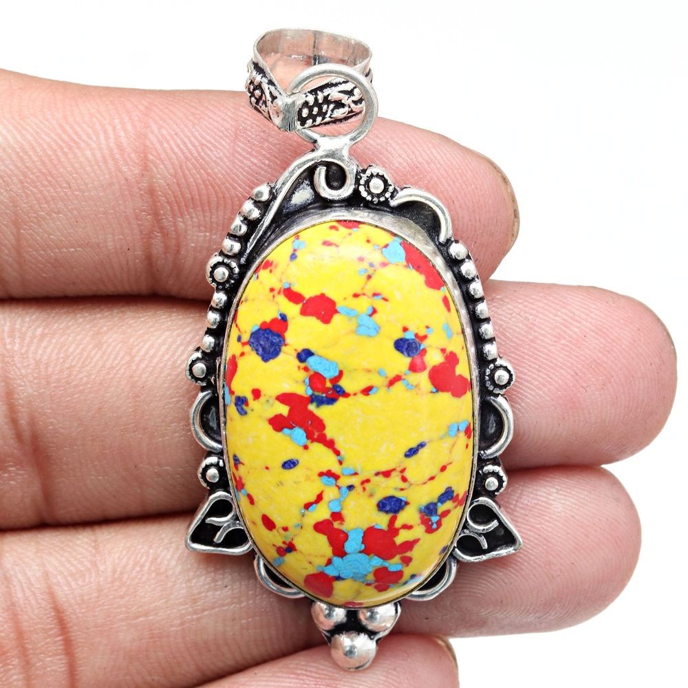 Mosaic Jasper Pendant Silver Jewelry Gift For Women 2.25 Inch