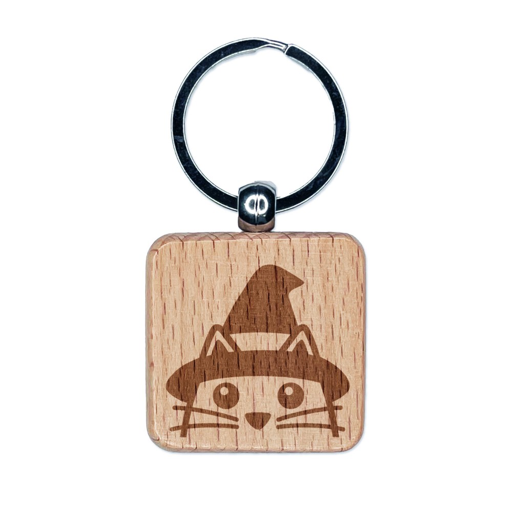 Spooky Halloween Witch Cat Engraved Wood Keychain Charm