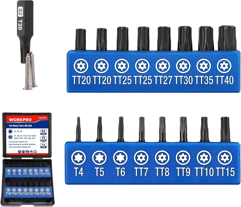 WORKPRO 16pcs Security Torx Bit Set, S2 Steel Star CNC Pocket Size