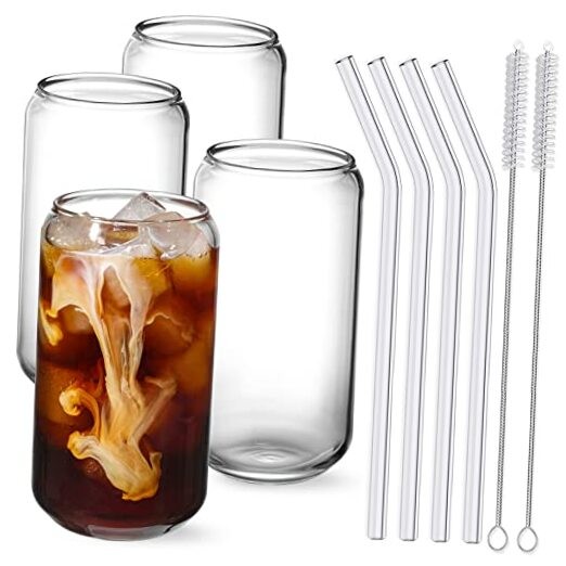 Drinking Glasses with Glass Straw 4pcs Set - 16oz Highball Glass 10 Piece Set