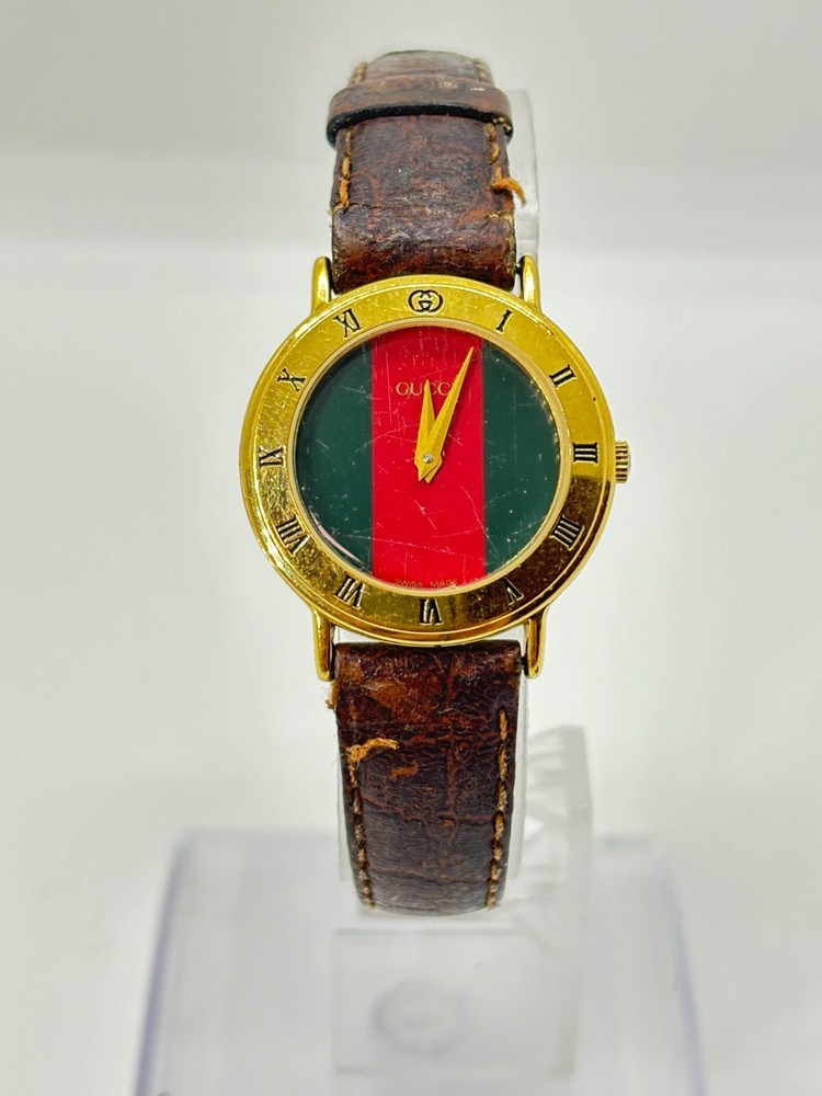 [Exc+5] Gucci 3000.2.L Swiss Red Green Roman Numerals gold plated Used Working