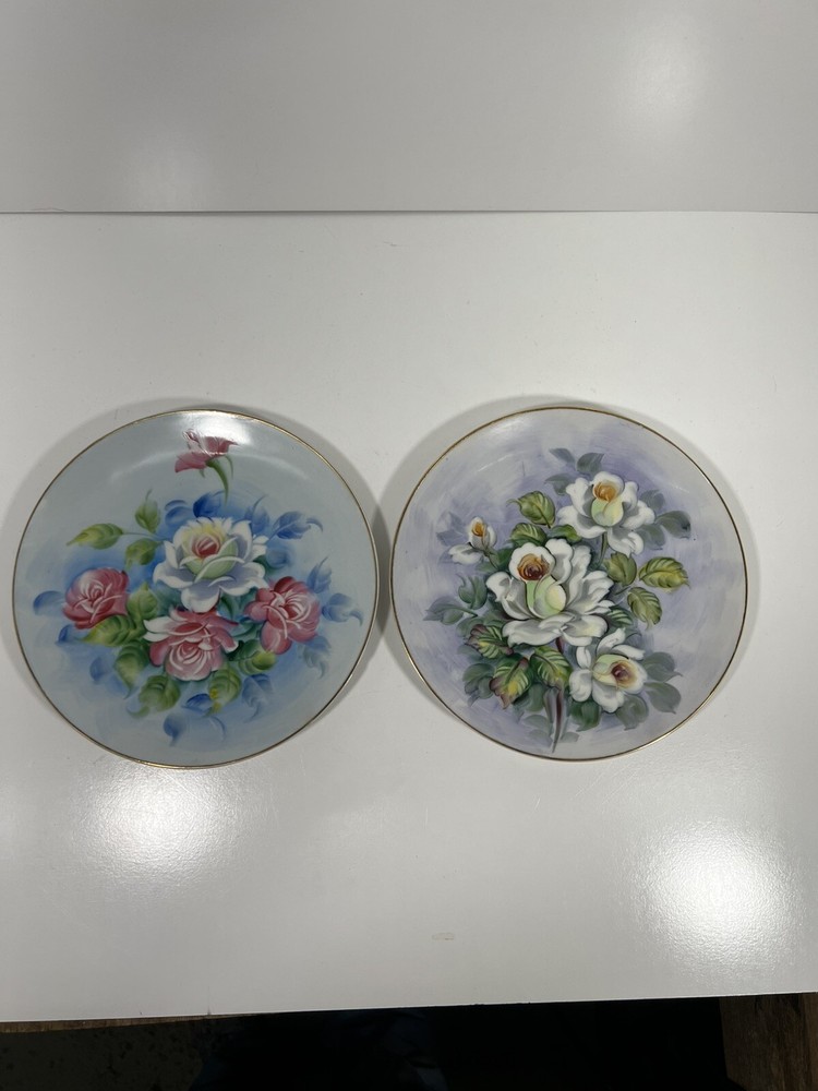 Vintage Lefton Pink & Blue Roses Porcelain Plate Set of 2