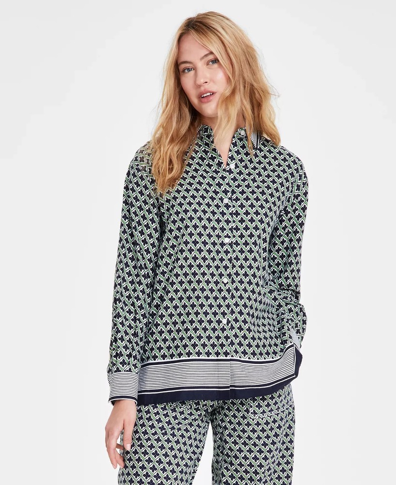 Nautica Jeans Women's Top Sz S Printed Button-Down Linen Tunic