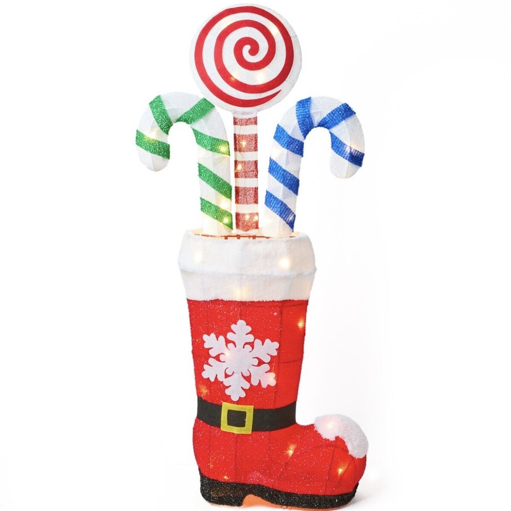 40 Inch Santa Boot Candy Canes Yard Art Pre Lit Outdoor Christmas Decor Snow NEW