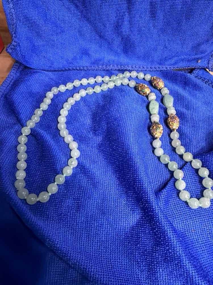 15” Icy Green Jadeite Bead Necklace Cloisonné Gold Spacers Treated B-Grade