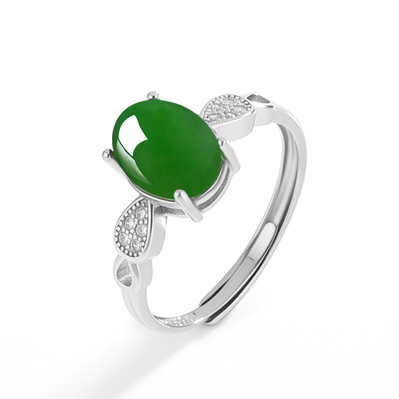 Certified Natural Hetian Green Jade 925 Silver Adjustable Ring 7x9mm