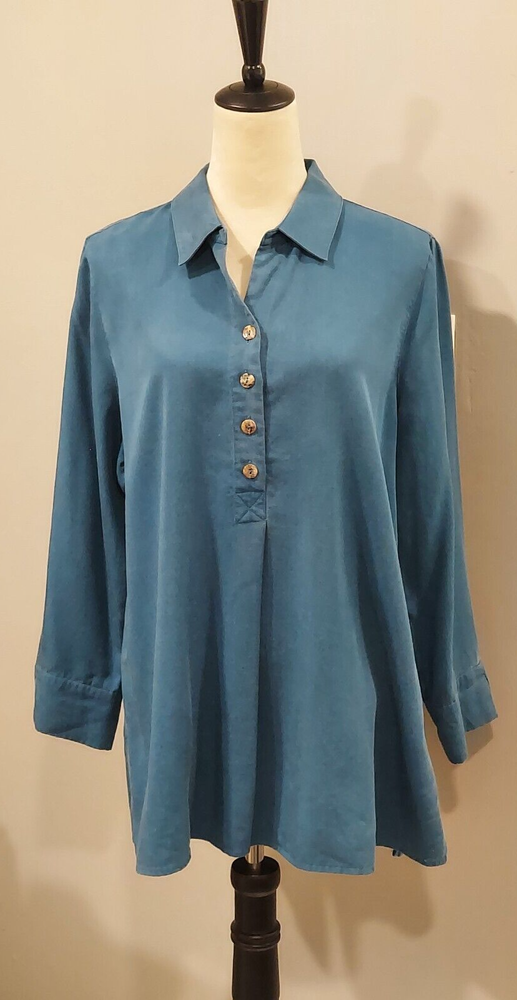 Soft Surroundings Womens Tencel Blue Pleated Back Button Blouse Size L