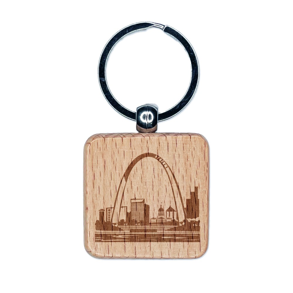 St Louis Gateway Arch Missouri Landmark Engraved Wood Square Keychain Tag Charm