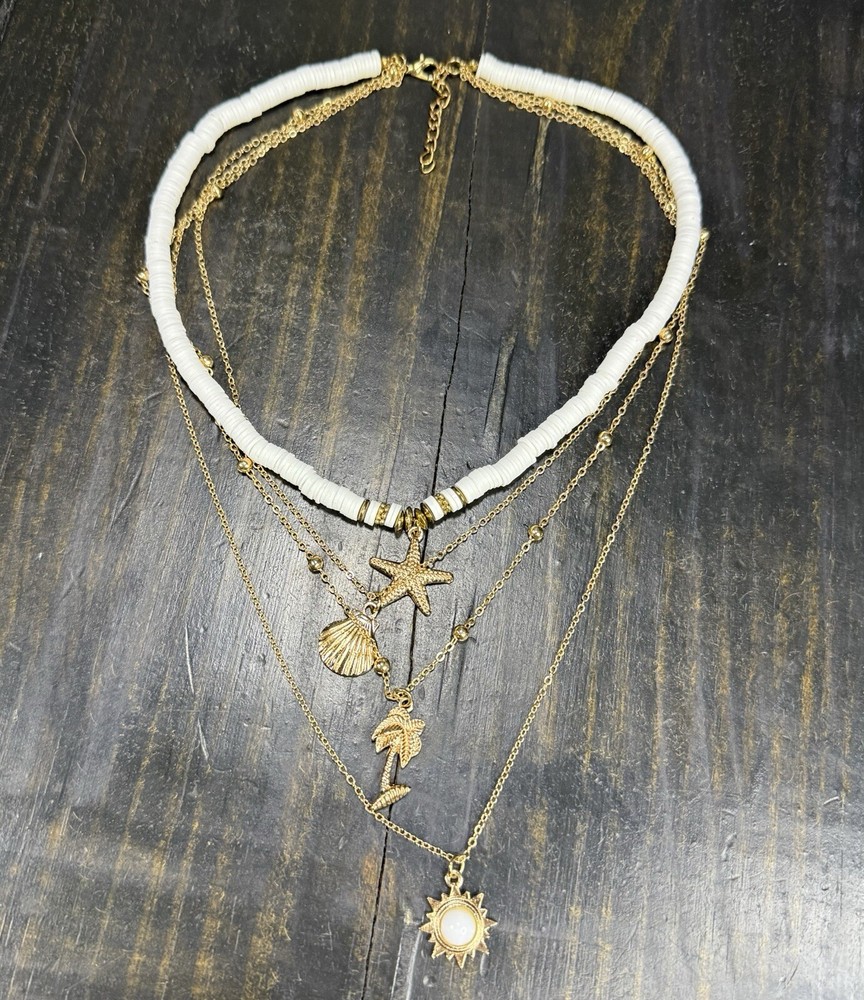 4-Layer  Beach  Ocean Charm Pendant BOHO Necklace Gold Tone Polymer Clay Beads