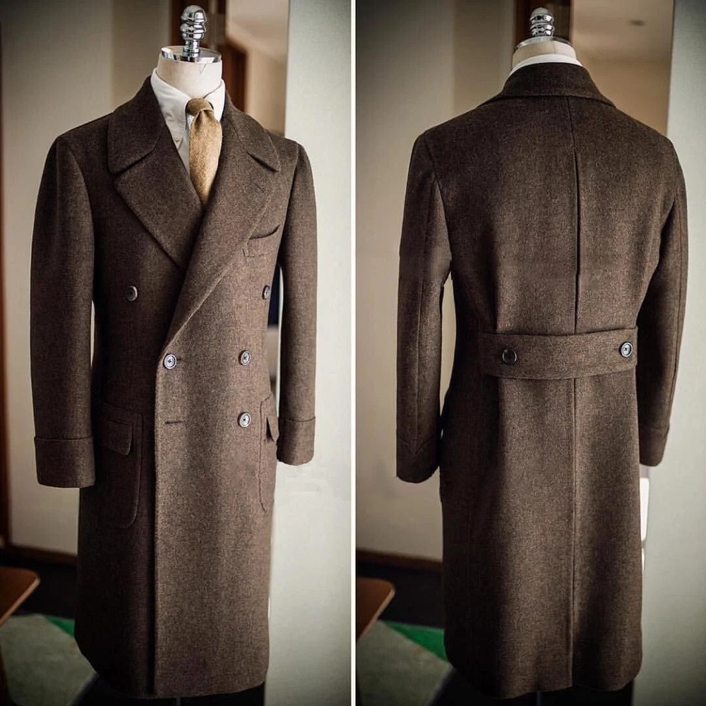 Coffee Long Woolen Coat For Men Double Breasted Winter Thicken Jacket Overcoat