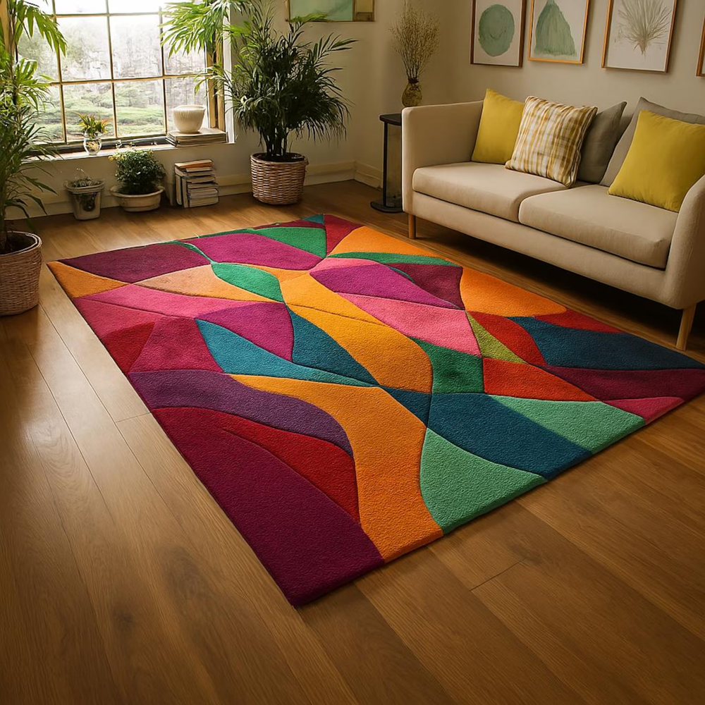 Modern Abstract Multicolor Hand-Tufted Wool Area Rug – Vibrant Geometric Pattern