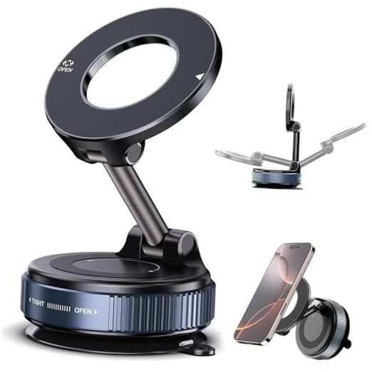 Vacuum Magnetic Phone Holder for Car - 360° Rotating Reinforced Suction Black