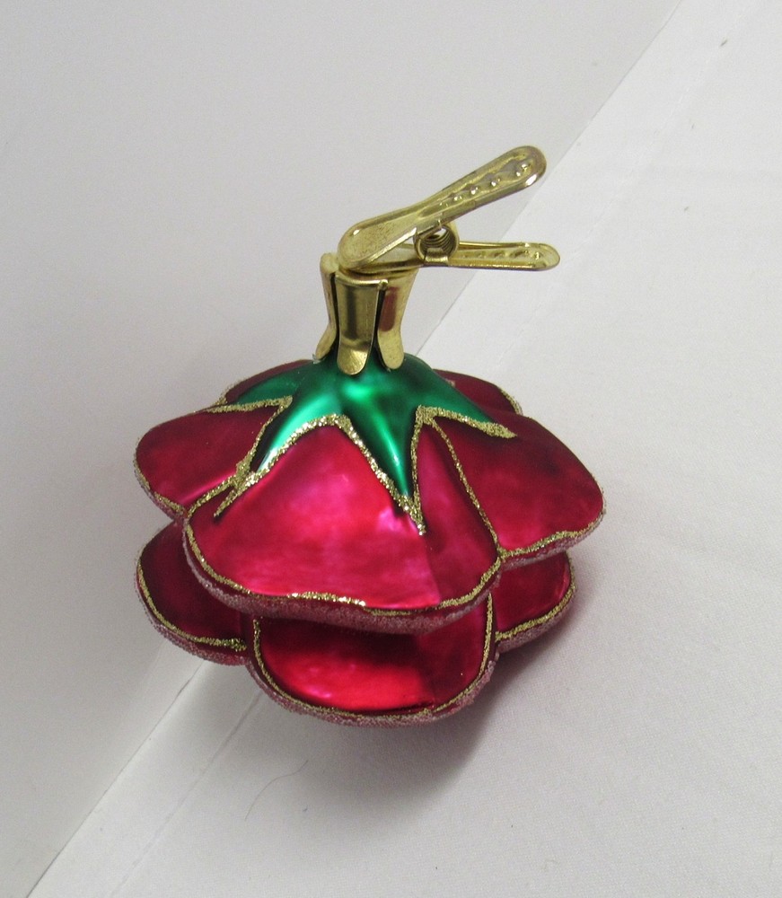 Vintage Clip-on Red Rose Sugar Sparkle Glass Christmas Ornament - EUC
