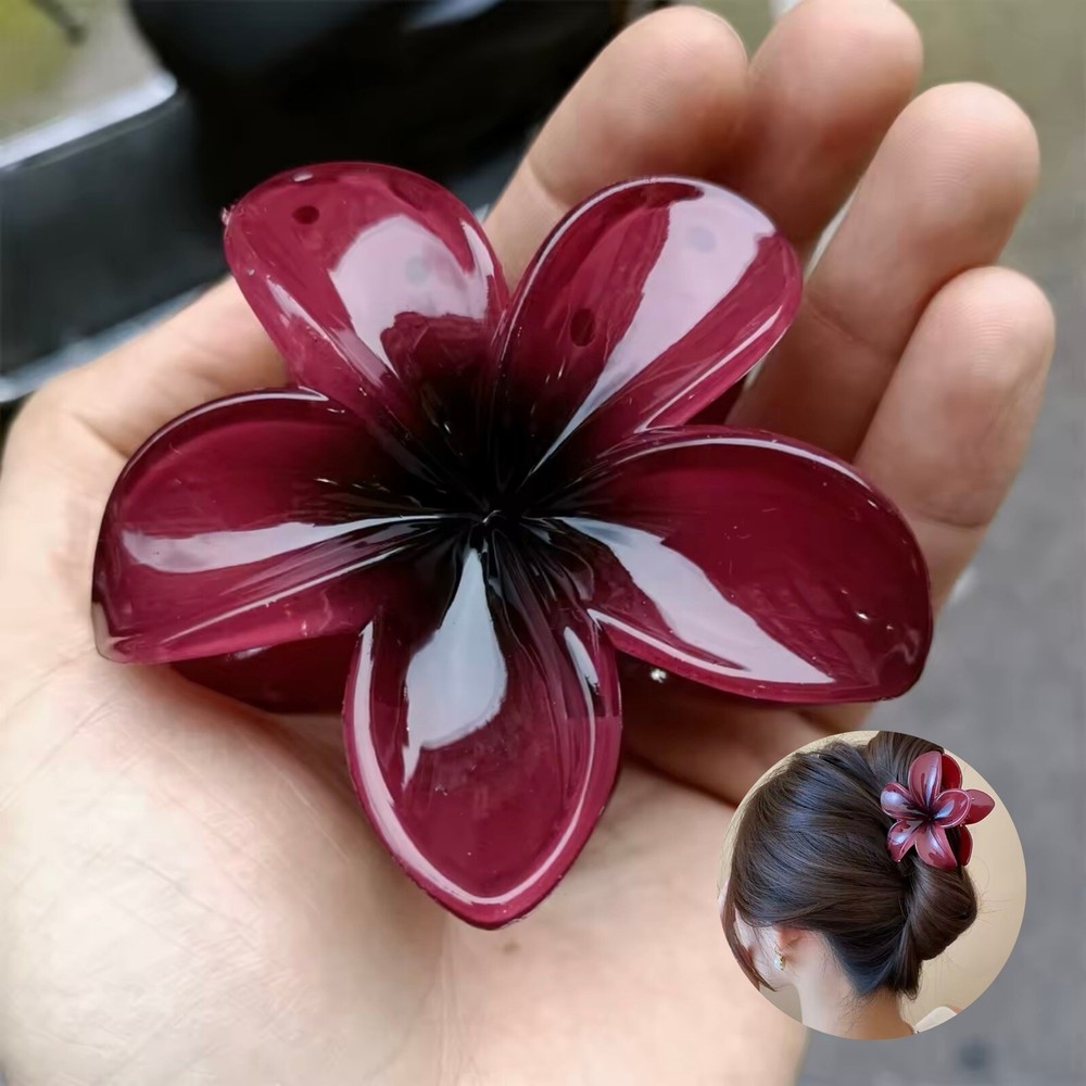 Elegant Wine Red Plumeria Gradient Hair Claw Clip with Frangipani Flower