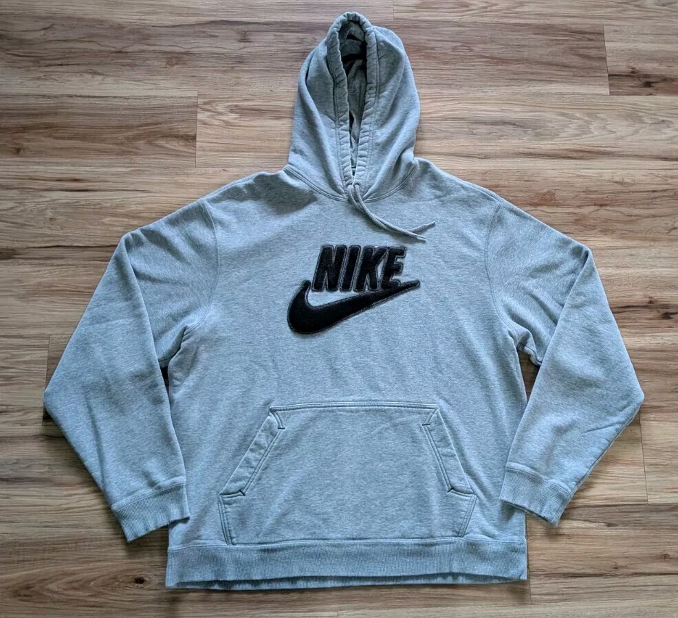 Nike Mens XL Gray Puff Print Swoosh Hoodie Y2K Athleisure