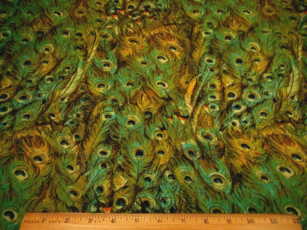 Teal Green Yellow Cotton Fabric 1 Yard Peacock Feathers Quilting Material #C