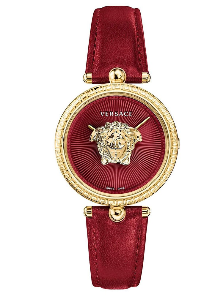 Versace Palazzo Empire Red Leather Gold Steel Watch 34mm VECQ00418 for Women